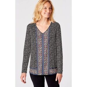 J. Jill Floral Print Long Sleeve V-Neck Boho Blouse Top Sz M Black Multi Stretch